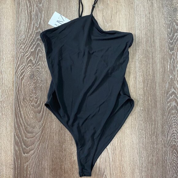 Zara NWT Asymmetrical Black Bodysuit With Spaghetti Straps  womens Size M - Picture 1 of 5